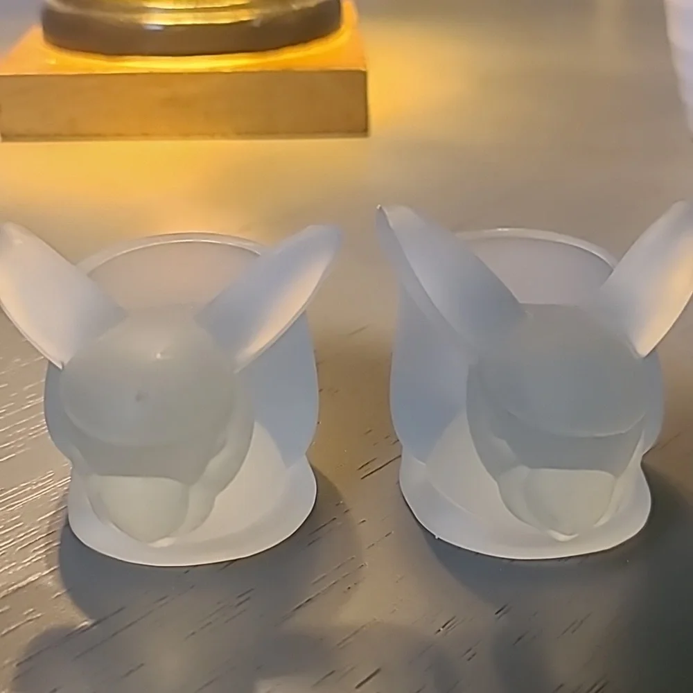 Frosted Glass Rabbit Candle Holders with Blue Candles